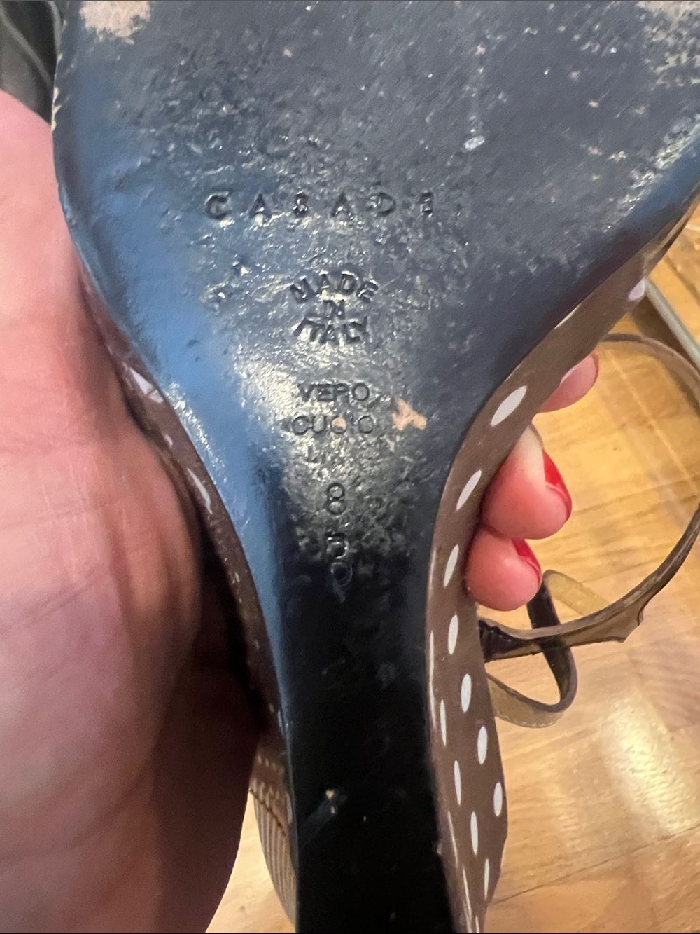 Casadei Brown Patent Leather Polka Dot Wedge Sandals - Picture 9 of 11